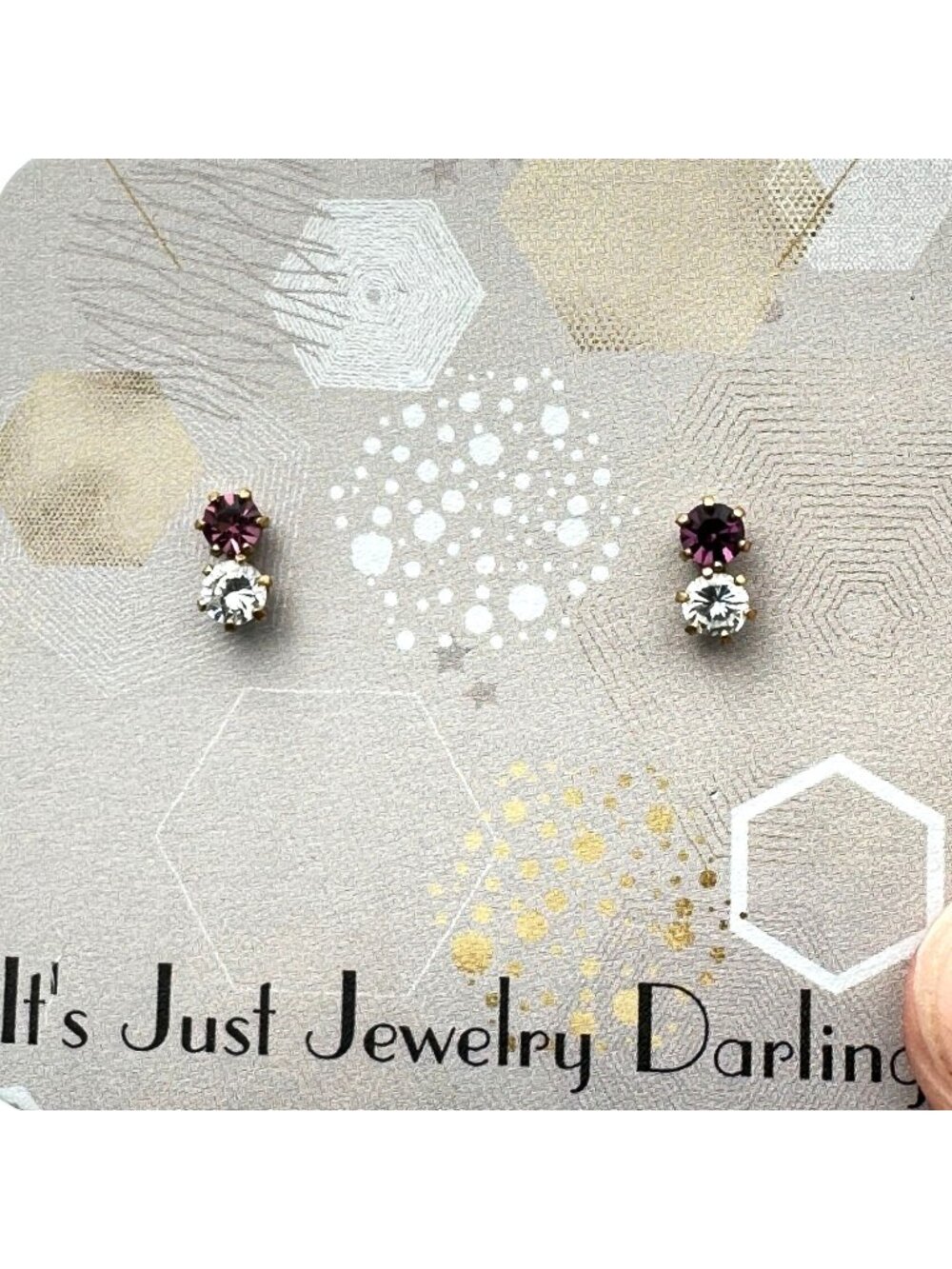 Womens Earrings 14K Yellow Gold Purple Clear CZ Studs Pierced Gift Idea for Her
